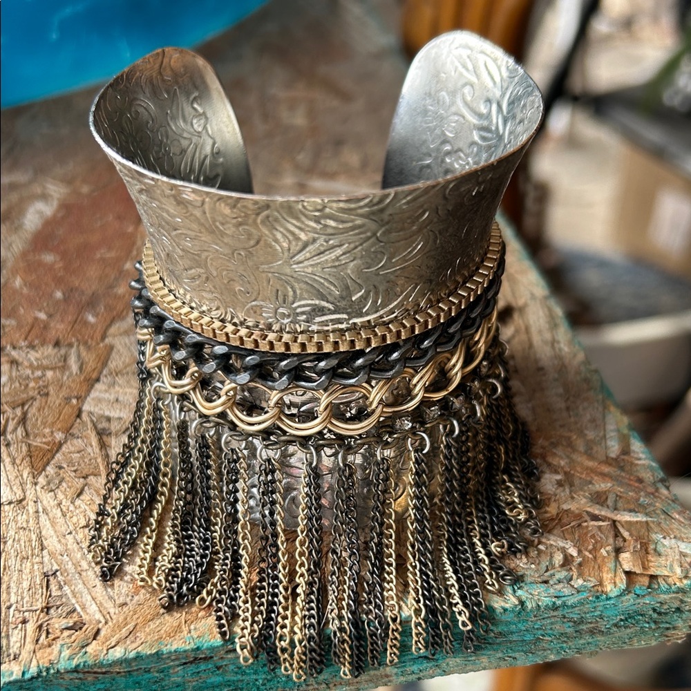 Wide Mixed Metals Fringe Cuff Bracelet